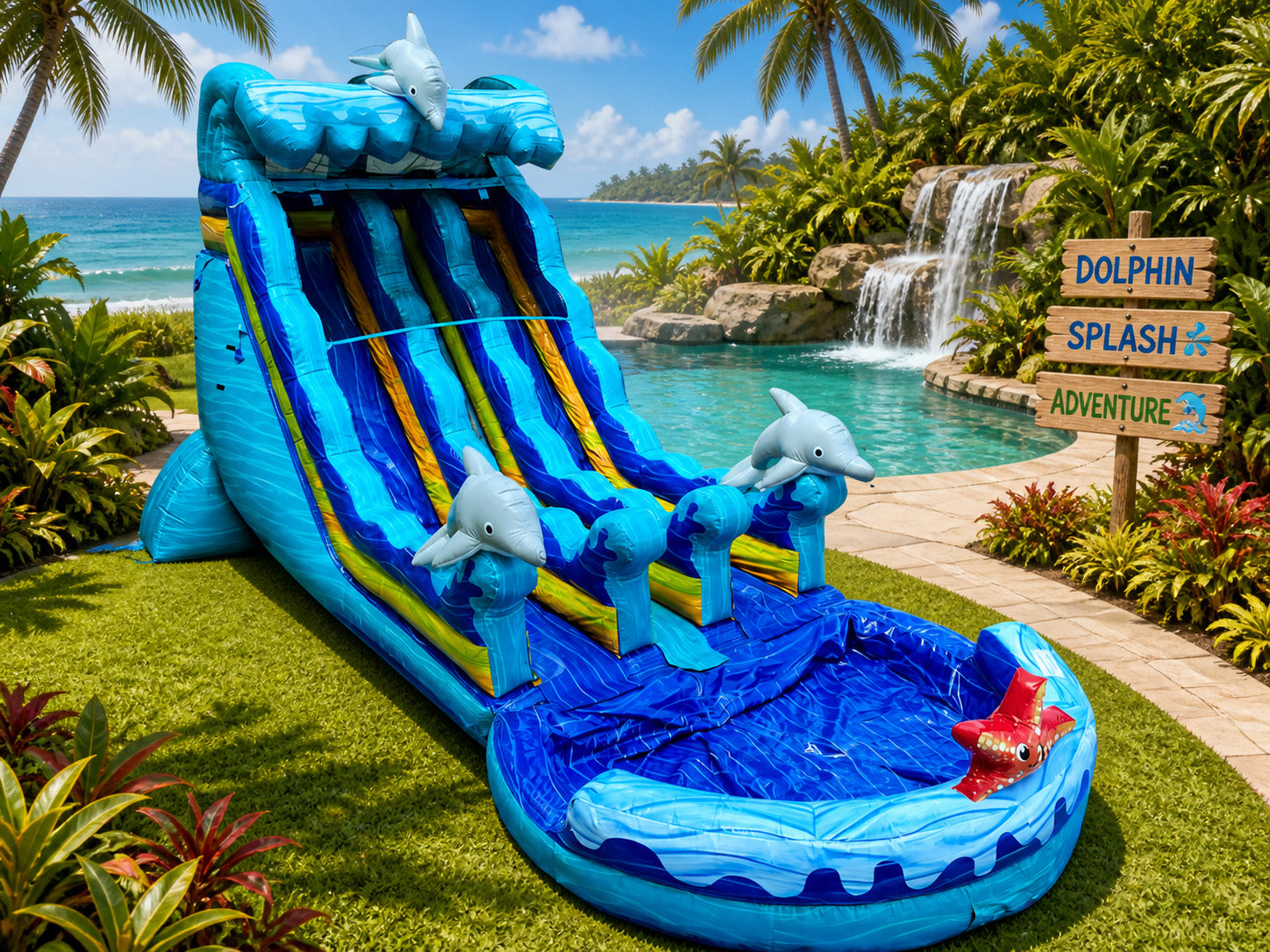 19 FT 2 Lane Dolphins Wave Water Slide.